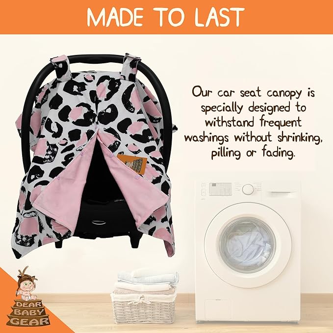 Dear Baby Gear Car Seat Canopy, Pink and Black Cheetah Print on White, Lightweight Double Layer