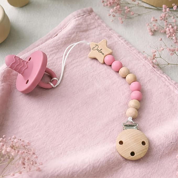 Personalized Name on Wood Pacifier Clip,Custom Dummy Clip Newborn Gift Pacifier Holder Clips Chain (Pacifier Clip)
