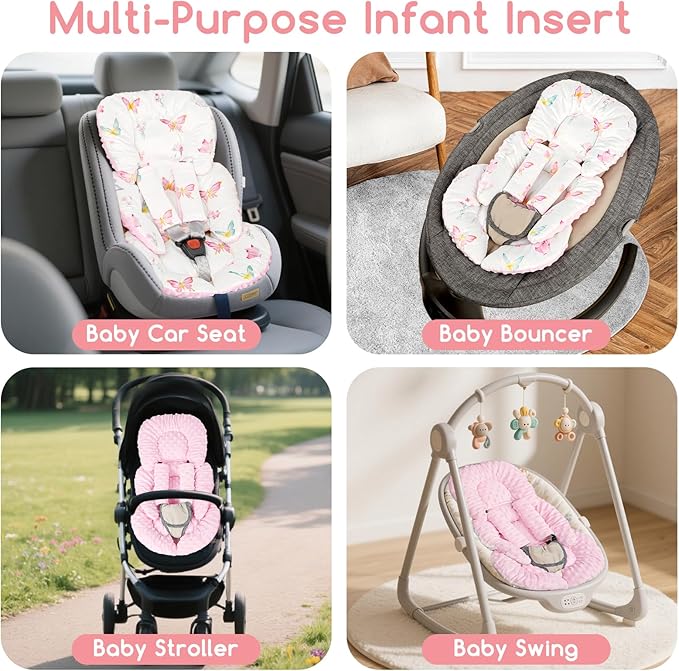 Infant Car Seat Insert for Newborn Girls Boys, Reversible Baby Carseat Head Support with Strap Pads, Soft Baby Car Seat Insert Cushion Pad for Stroller, Bouncer, Swing, High Chair, Pink Butterfly