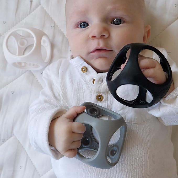 MOLUK Oibo 3-Piece Set - Monochrome | Sensory Stacking Toy, Gripping Ball, and Teether | 100% Silicone Baby Toy for 0+ Months (White, Dark Grey, Black)