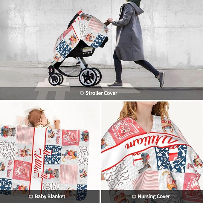 Personalized Baby Car Seat Canopy for Babies with Name, Custom Car Seat Covers for Boys Girls, Baseball Sports Nursing Breastfeeding Stroller Cover Infant Carseat Canopies for Newborn