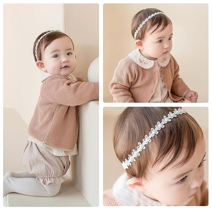 Baby Girls Flower Crown Headband Lace Handmade Floral Headbands Soft Elastic Band Daisy Hairband Newborn Infant Toddler Kids for Christening Baptism Birthday Party(White, Pearl)