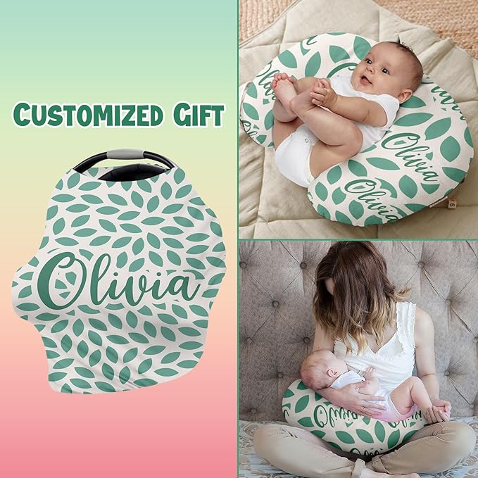 Personalised Car Seat Cover for Girls and Boys - 7 in 1 Multipurpose Breast Feeding Cover, Nursing Cover, Green Leaf Pattern Grocery Cart Cover - Birthday Gift for Babies