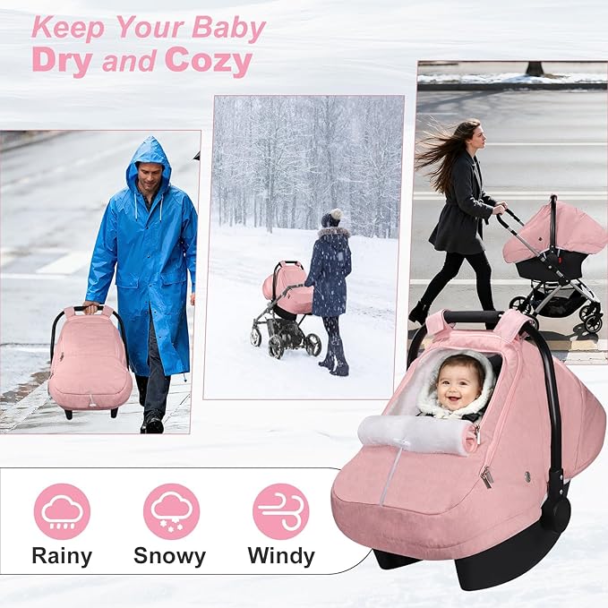 Winter Car Seat Cover for Baby Girl, Waterproof Infant Carseat Cover with Warm Plush Lining & Dual Zippers, Universal Carseat Cover Baby Winter Protector with Ventilation and Windproof Design (Pink)