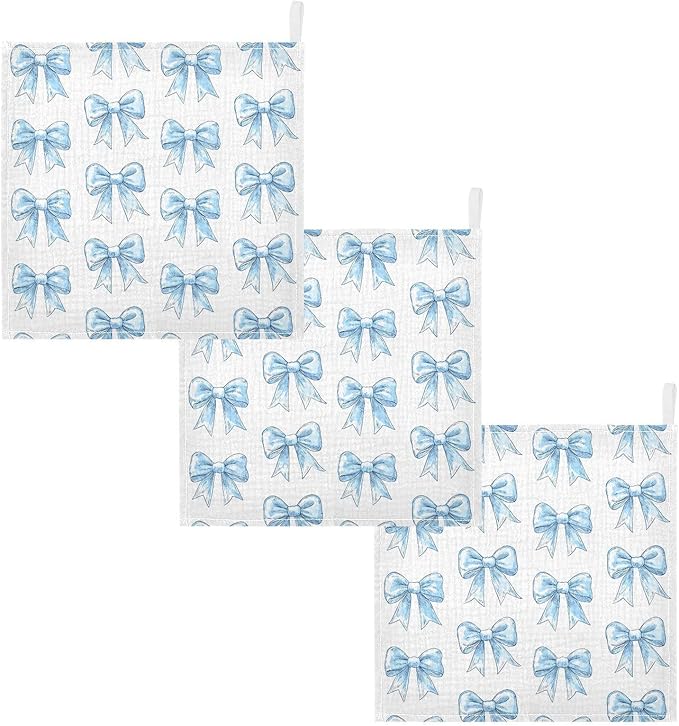 vvfelixl Baby Muslin Washcloths Light Blue Silk Bow Baby Burp Cloths Cotton Babys Face Towel for Newborn Infants Boys Girls Soft and Absorbent 11.8 X 11.8 in, 3 Pack