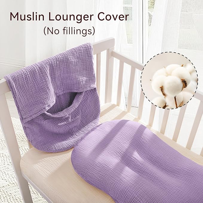 Muslin Baby Lounger Cover 1 Pack, Cotton Soft Breathable Infant Nest Slipcover, Envelope Closure, Compatible with Snuggle Me Loungers, Machine Washable, Cover Only, for Girls Boys (Purple)
