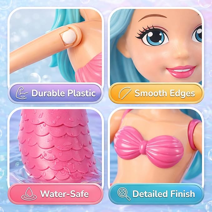 Mermaid Bath Toys for Toddlers Kids Girls - Princess Wind Up Tail Flap Floating Water Bathtub Toys, Swimming Pool Bathing Time Fun (4 Pack)