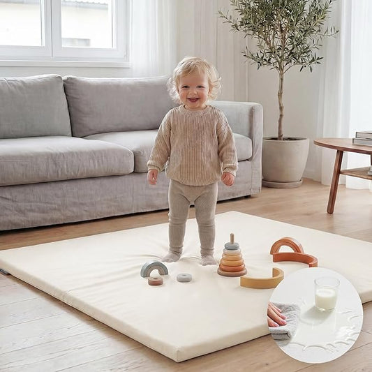 Huloo Sleep Baby Play Mat 50x50 Inches,1.3" Thick Padded Waterproof Floor Cushion & Playpen Mat with Vegan Leather,Non-Slip & Non-Toxic Nursery Rug for Infants, Toddlers & Kids(Cream)
