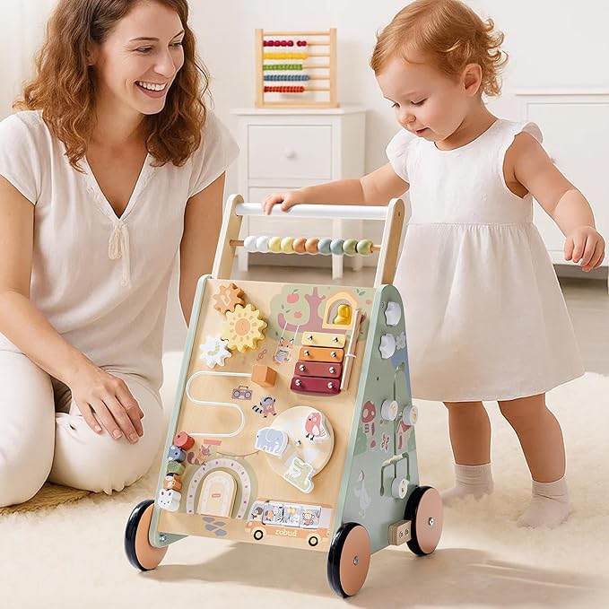 ROBUD Wooden Baby Push Walker, Forest Theme Learning Walking Toys, Adjustable Height Baby Walker with Decelerator, Montessori Toys for Baby Age 10 Months+, WRP37