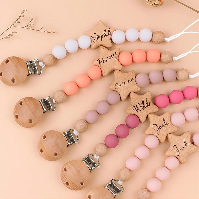 Personalized Pacifier Clip with Name, Wooden Star Baby Pacifier Holder Gift for Boys Girls Boho Style