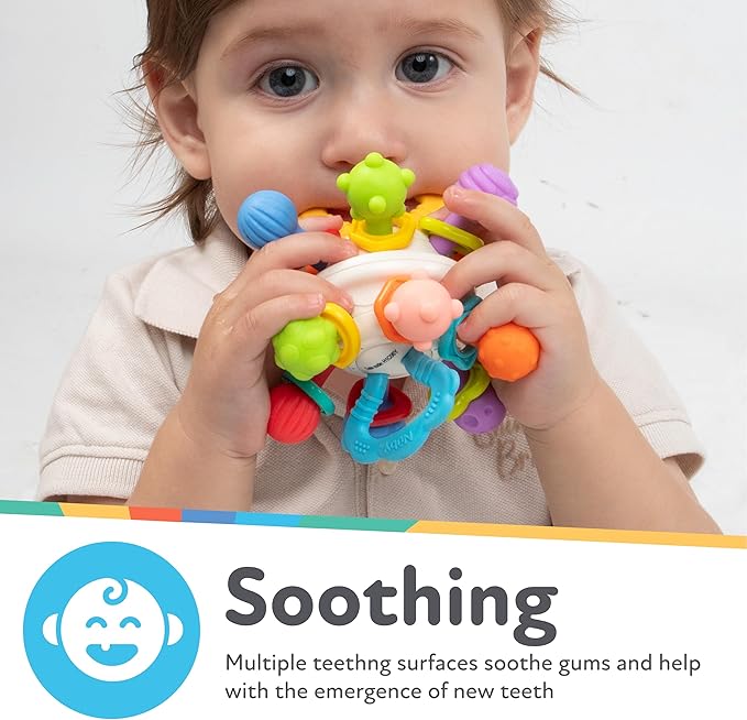Nuby Twist Ball Teether Activity Toy with Rattle and Fun Bright Colors - Montessori Sensory Toy Develops Fine Motor Skills - 3 + Months - Easter Basket Stuffer