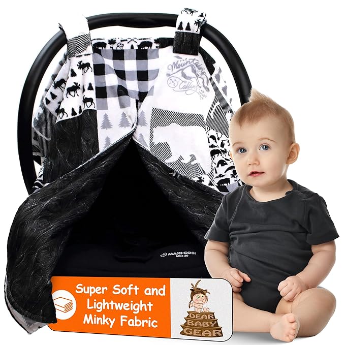 Dear Baby Gear - Infant Carseat Canopy and Winter Covers - Cozy Baby Car Seat Cover for Girls and Boys - Stroller Cover - Mountains Moose & Bear - Faux Quilt/Woodgrain 40" x 30"