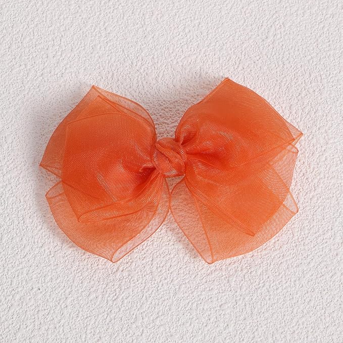 Happy Fall Mesh Ribbon Hair Bow Clips 4" Orange Red Organza Double Tulle Bow Alligator Barrettes Hairpins Give Thanks Day Outfit Decor Accessory Gift For Teens Toddler Girls Kids