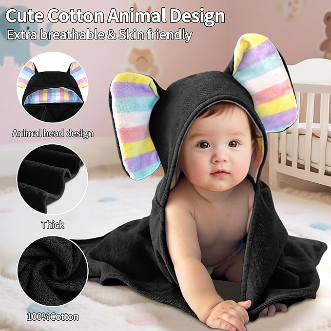 VOOVA & MOVAS Cute Elephant Ears Baby Hooded Bath Towel – Super Absorbent, 420GSM, 100% Cotton – 33" x 31.5", Thick – for 0–18 Months Newborn, Infant, Toddler – Baby Essentials, Black