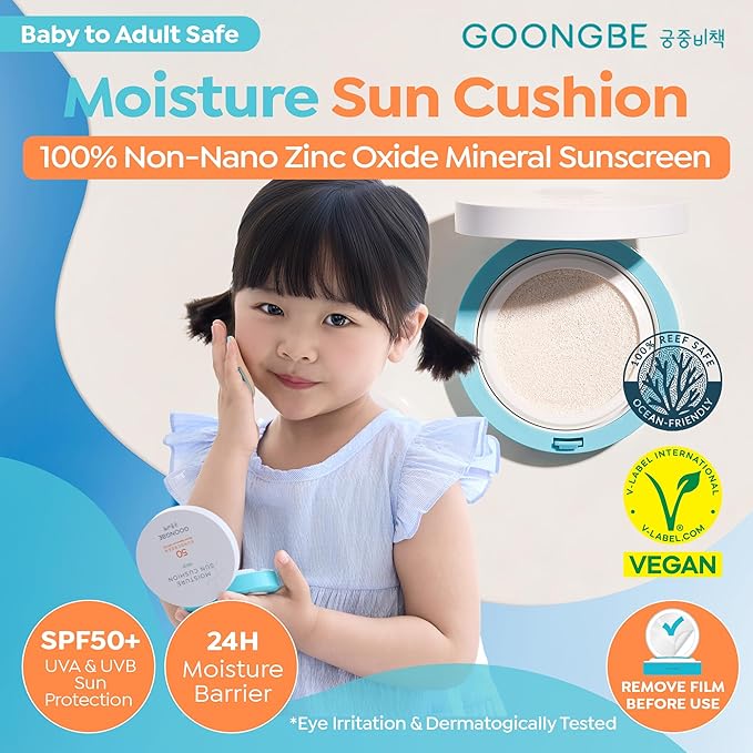 GOONGBE Moisture Sun Cushion Mild SPF 50 - Korean Moisturizing & Soothing Zinc Oxide Mineral Sunscreen - Travel Friendly Sun Cushion for Babies & Kids - Vegan, Reef-Safe, Allergen-Free, 0.81oz.