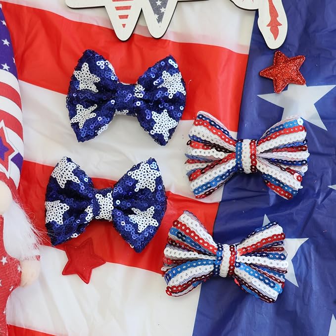 Independence Day Sequin Hair Bows for Girls Star Stripes Sparkly Alligator Clips Red Glitter Hair Accessories for Little Teen Toddler Girls