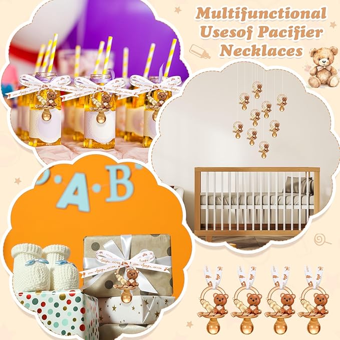 Coume 60 Pcs Shower Party Pacifiers Necklace Bear Bottle Acrylic Pacifiers Charm Pacifier Chain for Guests Gender Reveal Party Favors Prize Table Scatter (White,Brown,Elegant)