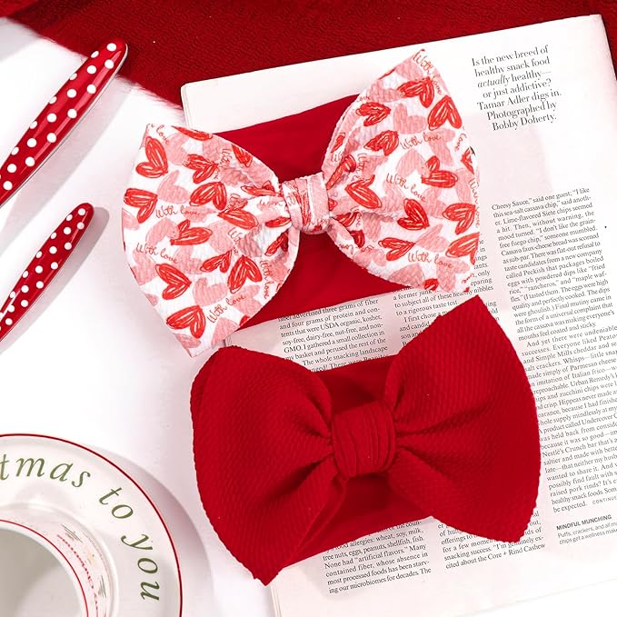 6'' Large Valentines Day Bow Headbands for Baby Girls Soft Nylon Hairbands with Bows Valentines Hair Accessories for Infants KidsRed Light Pink Heart