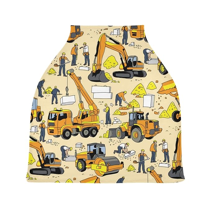 Construction Car Building People Pattern Stretchy Baby Car Seat Cover Infant Canopy Nursing Covers Breastfeeding Cover Breathable Windproof Winter Scarf for Boys Girls