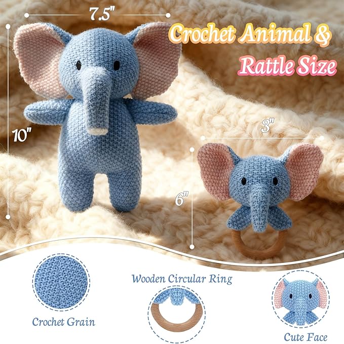 10" Crochet Elephant Stuffed Animal with Rattle, Pure Cotton Soft Crochet Doll Plush Toy for Newborn, Handmade First Birthday Gift