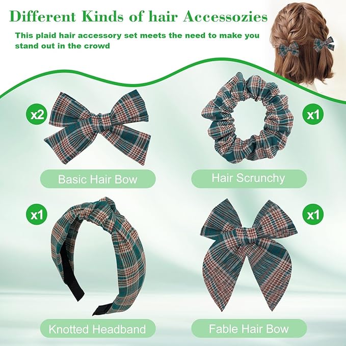 5 Pcs Plaid Headband Set with Knot Scrunchies, Padded Bows, Christmas Hair Clips for Women & Girls (Green)
