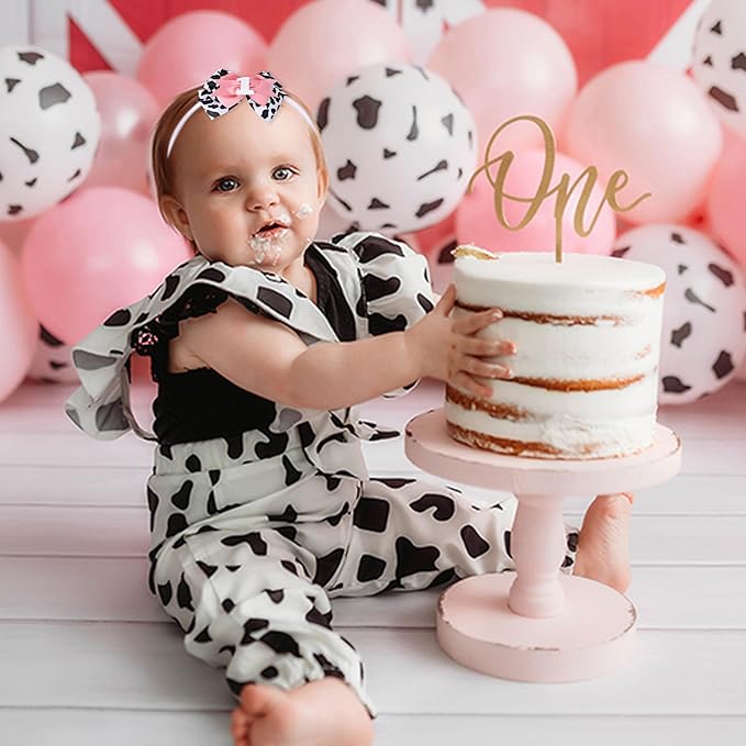 Cow Print Bow Headband for Girls - Pink, 1st Birthday Party Decorations, Farm Animal Themed Party Decor, One Headband Photo Prop (Cow1)