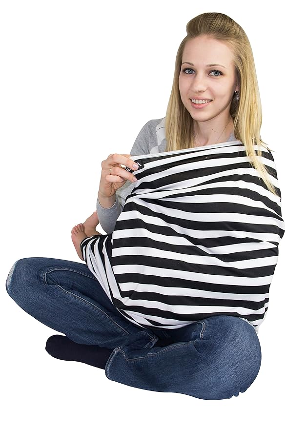 JLIKA Baby Car Seat Covers - Stretchy Infant Canopy and Nursing cover for breastfeeding newborns infants babies girls boys best shower gift maternity apron infinity scarf carseats (Black/White Stripe)
