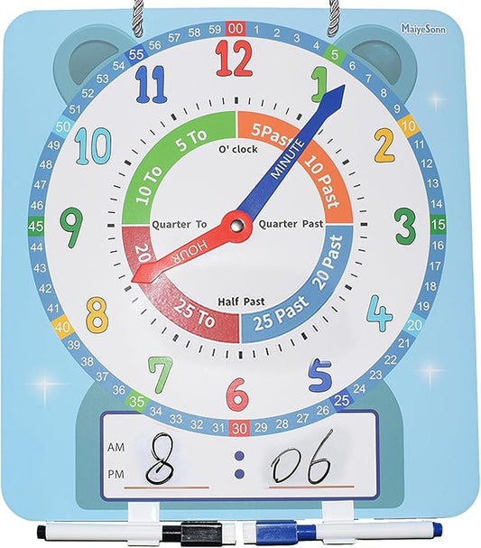 Teaching Clocks for Kids, Large Magnetic Writable Dry Erase Learning Clock with Pen,12" Teaching Demonstration Clock Learning Time to Tell Time for Kids Home School Classroom Supplies-Blue