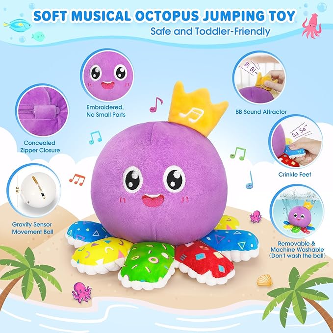 IJIGU Baby Toys 6-12 Months, Infant Musical Crawling Octopus Plush Toy, Interactive Tummy Time Sensory Toy for Babies 6-18 Months, Toddler Gift for Boys Girls