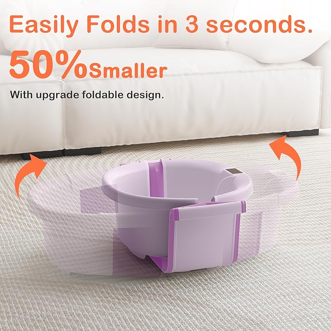 Collapsible Baby Bathtub - Large Baby Bath Tub with Thermometer & Cushion | Travel Portable Newborn Infant Bathtub | Foldable Toddler Bathtub for Baby 0 to 36 Months (Purple)