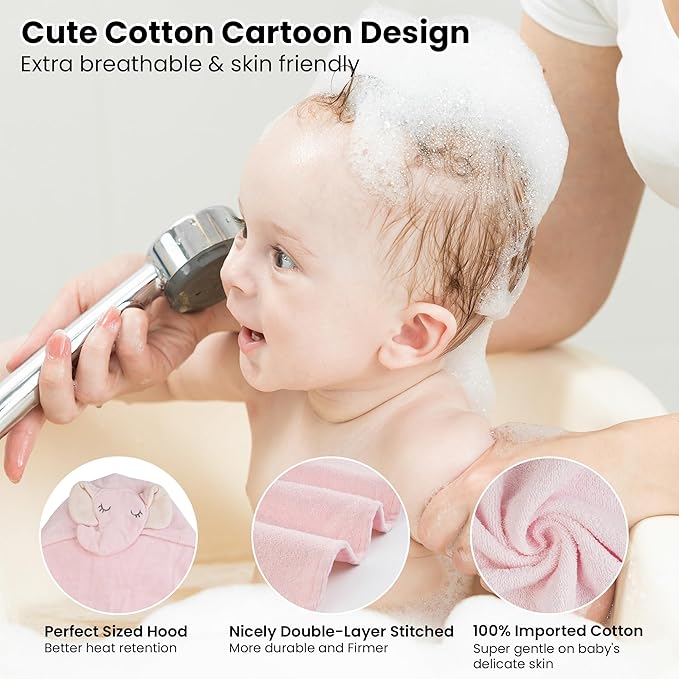 Viviland 2 Pack Hooded Baby Towels, Soft 100% Cotton Baby Bath Towels with Hood, Extra Thick and Absorbent, Essential for Newborns, Kids, Infants - Girls and Boys (Pink Elephant & Dog)