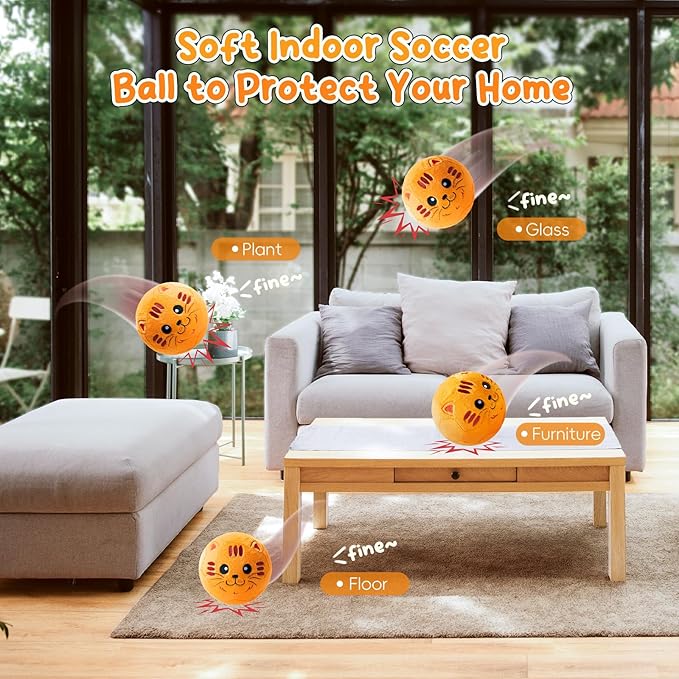 VangeBow Silent Indoor Soccer Balls for Toddlers 1-3, Inflatable Soft Plush Baby Toddler Soccer Ball Toys Gifts for 1 2 3 4 5 Year Old Boy Girl First Birthday Gift (Orange Cat, Pump Include)