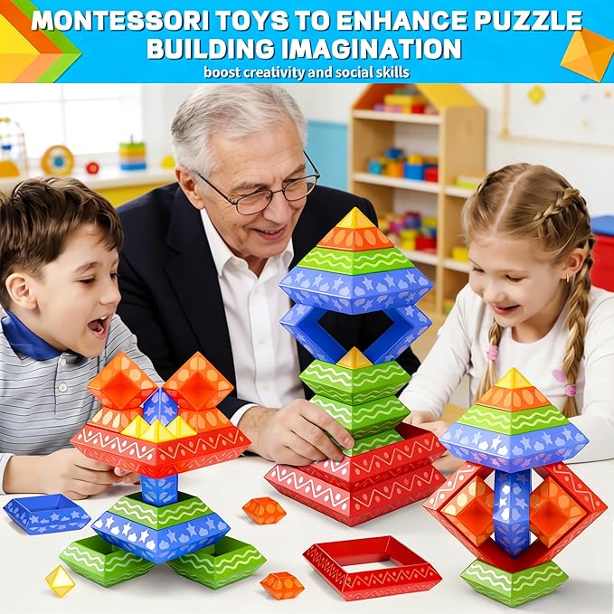 Doloowee 30 Pcs Building Blocks Toys for Ages 3 4 5 6 Toddlers, Pyramid Stacking Toys, 3D Montessori Preschool Learning Blocks for Kids, Stem Educational Pyramid Magic Tower Gifts Set