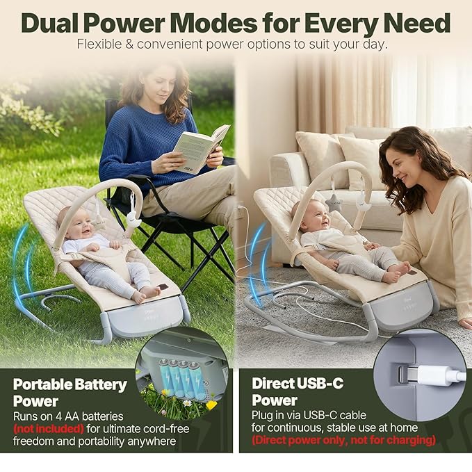 Orzbow Electric Baby Bouncer & Rocker with Innovative Auto Rocking Motion, Adaptable 3-Speed, Smart Tap Sensing, Soothing Sounds, and 3 Recline Positions, 2-in-1 Automatic Baby Rocker Chair, Beige