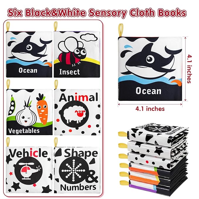 6 PCS High Contrast Black and White Crinkle Cloth Books for Infants 0-3 3-6 Months, Tummy Time Soft Book,Montessori Sensory Toys for Brain Development, Baby Educational Toys Gift for Boys Girls