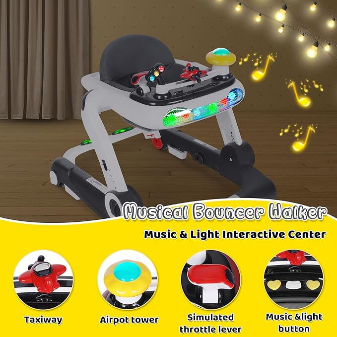 TODEFULL 6 in 1 Baby Walker, Baby Activity Walker for Toddler, Push Walker w/Adjustable Height Speed, Learning-Seated & Walk-Behind, Infant Walker w/Feeding Tray & Music Toys, Grey
