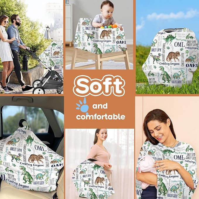 Personalized Baby Car Seat Cover Stroller Canopy: Custom Name Newborn Baby Boy Girl Elastic Animals Nursing Cover for Moms First Birthday Gift Green Dinosaur(one Size)