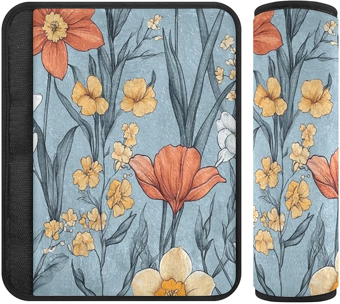 Car Seat Belt Pads 2 Piecing Breathable Car Safety Seat Belt Strap Shoulder Pad for Adults Child Kids S Autumn Flowers Flower Daffodil Gladiolus Blue