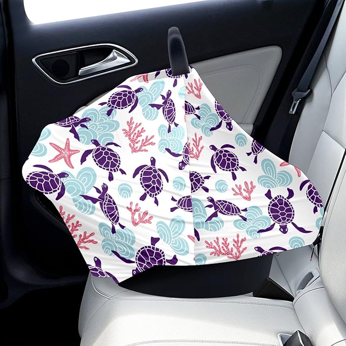 Baby Car Seat Stroller Covers Purple Sea Turtles Marine Starfish Nursing Cover Breastfeeding Scarf Soft Breathable Stretchy Coverage Carseat Canopy Cover for Boys and Girls Soft Breathable Multi Use
