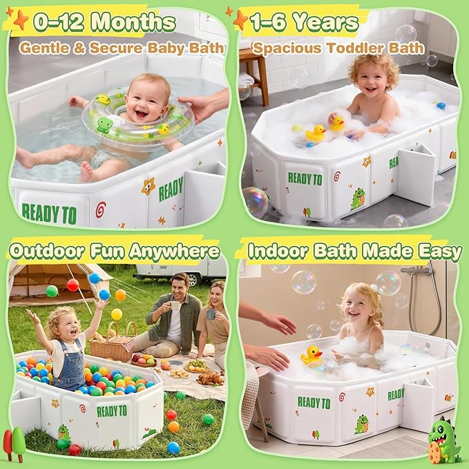 Collapsible Baby Bathtub with Drain Plug, Portable Foldable Toddler Bath Tub for Shower, Space Saving Travel Baby Tub for Infant Toddler Kids