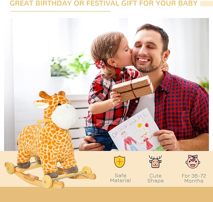 Qaba Rocking Horse, 2 in 1 Kids Ride on Horse, Rolling Giraffe Animal Rocker with Sound, Wooden Base, Pedal, Grip Handle, Plush Riding Pony for 3-6 Years Old, Yellow