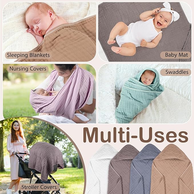 Peryiter 4 Pcs Muslin Hooded Baby Towels 32 x 32 Inch Cotton Newborn Bath Essentials Muslin Infant Blankets Absorbent Registry Gifts for Girl Boy Kids Baby Shower (White,Coffee,Blue)