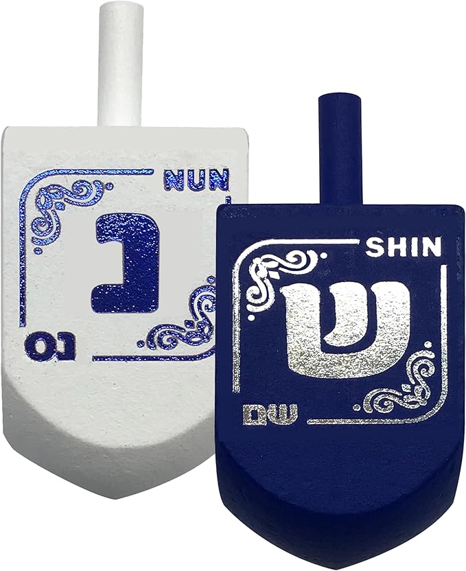 Hanukkah Dreidels - Extra Large Blue and White Wooden Dreidel - 4 Pack