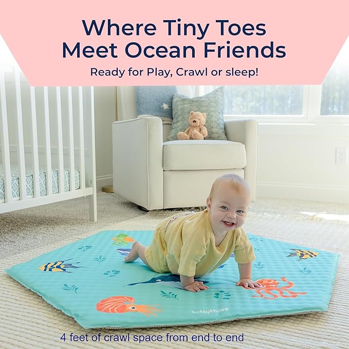 Self Inflating Hexagon Playpen Mat - 52" x 45" Non-Slip Cushioned Portable Play Area - Thick Soft Baby Play Mats for Floor - Easy Care Playmat for Infants and Toddlers - Baby Crawling Mat - Marina