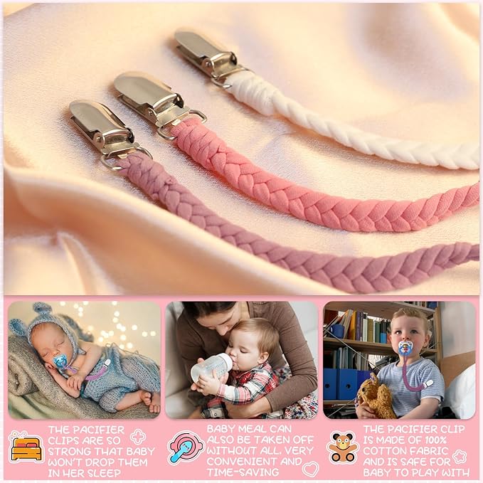 7 Pcs Pacifier Clip, Pacifier Clips for Boys & Baby Girls Pacifier Holder Clip Binky Clips Braided 100% Handmade Fits All Pacifiers(Pink, 7 Pack)