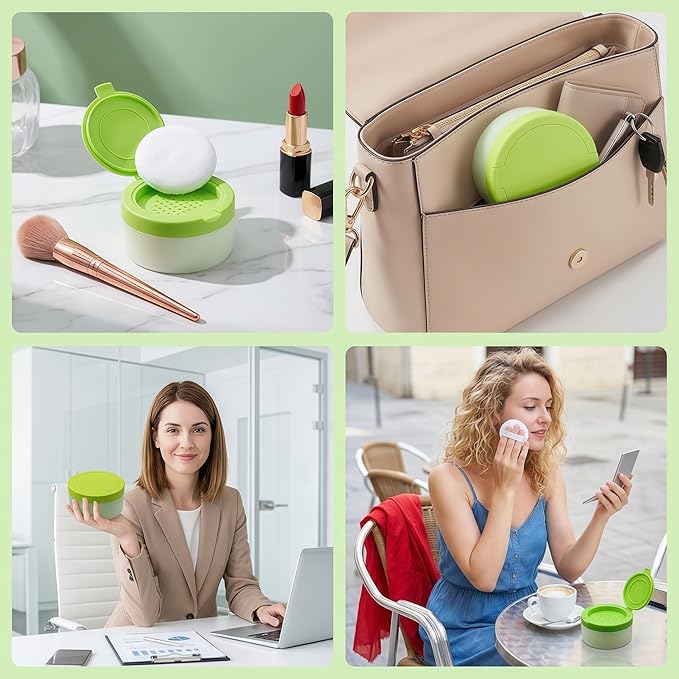 Green Plastic Empty Portable Baby Skin Care After-Bath Powder Puff Talcum Powder Case Container Dispensor Make-up Loose Powder Box Holder Bottle Container Travel Kit with Powder Puff and Sifter