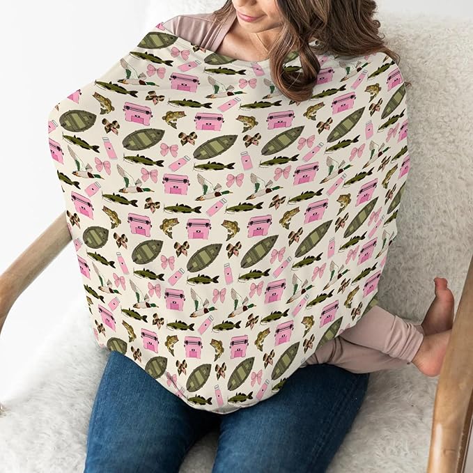 Pink Fishing Hunting Girly Baby Car Seat Covers Boats Bass Fish Duck Bows Stretchy 5-in-1 Cover Adjustable Car Canopy Cover Summer Lake Country Fishing Breathable Nursing Cover-Up
