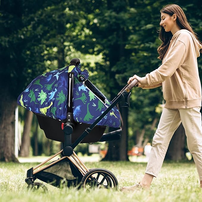Windproof Baby Car Seat Cover, 3D Mink Dot Infant Car Seat Canopy with Breathable Mesh Window, Baby Carrier Cover for All Seasons, Easy Access Carseat Carrie Snug Fit Stroller, (Dinosaur)