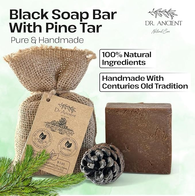 Dr.Ancient Pine Tar Black Soap Bar, Organic Soap Bars Handcrafted the Traditional Way, Natural Chemical-Free, Vegan, Used for Face and Body, Deep Cleansing, and Nourishing Daily Skin