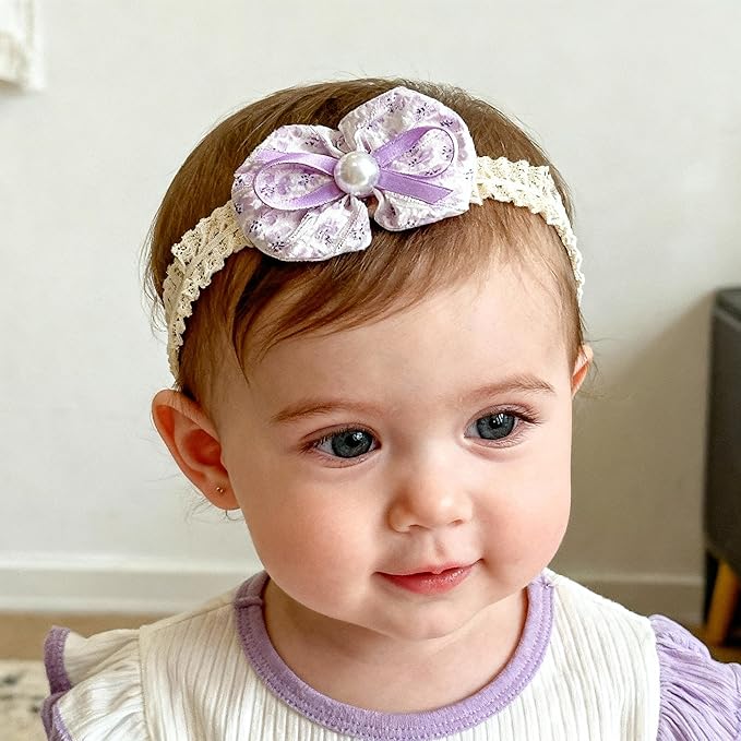 Baby Girls Hairbands Bow Lace Headband Handmade Soft Stretchy Pink Bowknot Hairbands Newborn Hairband with Bows Elastic Hair Bands for Kids Infant(Purple Pearl Bow